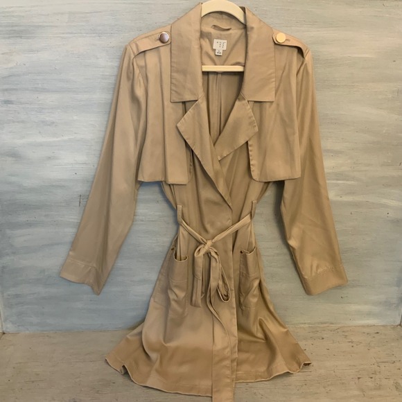 a new day Jackets & Blazers - a New Day Tan Lightweight Tie Waist Short Trench Coat Jacket Size Large GC